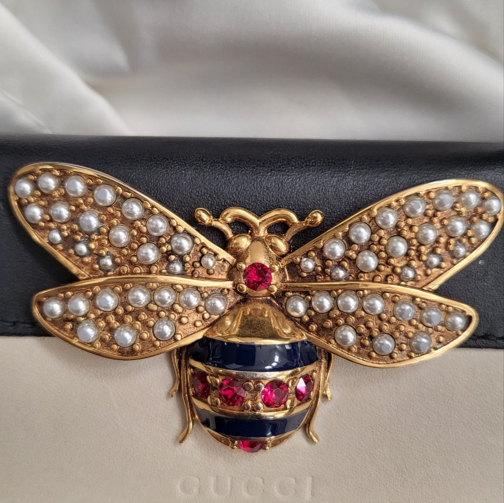 Gucci Black and Gold Bee Embellished Wallet